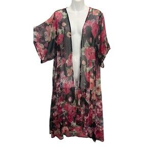 Betsey Johnson  Black Floral Duster Long Sheer Kimono Style One Size